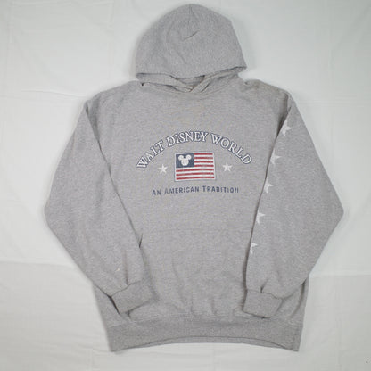 Vintage Walt Disney World An American Tradition Flag Grey Hoodie Mens XL