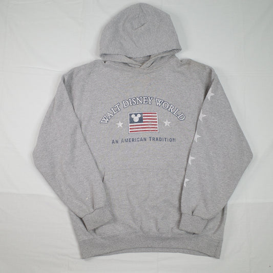 Vintage Walt Disney World An American Tradition Flag Grey Hoodie Mens XL