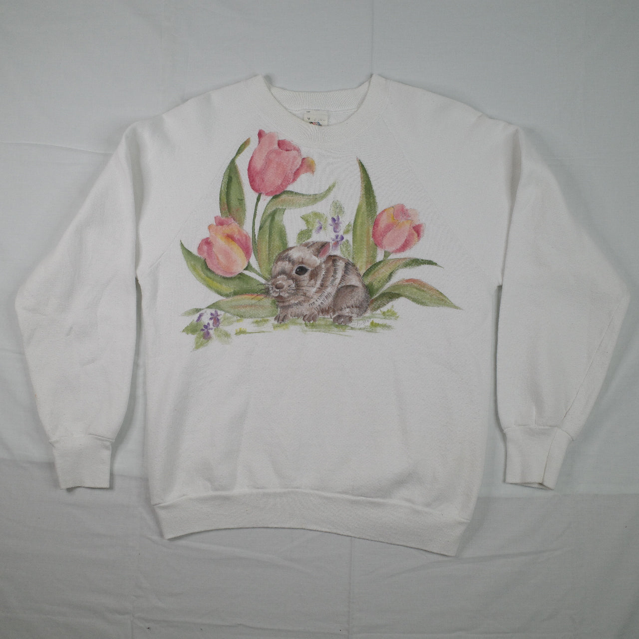 Vintage Cute Bunny Rabbit Graphic Crewneck Sweater White Women's Small