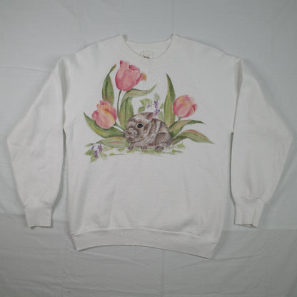 Vintage Cute Bunny Rabbit Graphic Crewneck Sweater White Women's Small