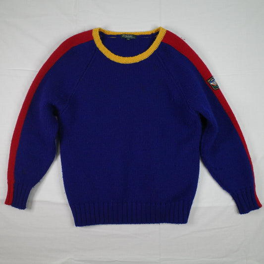 Vintage Ralph Lauren Uni Crest Wool Knit Sweater Blue Red Mens Small