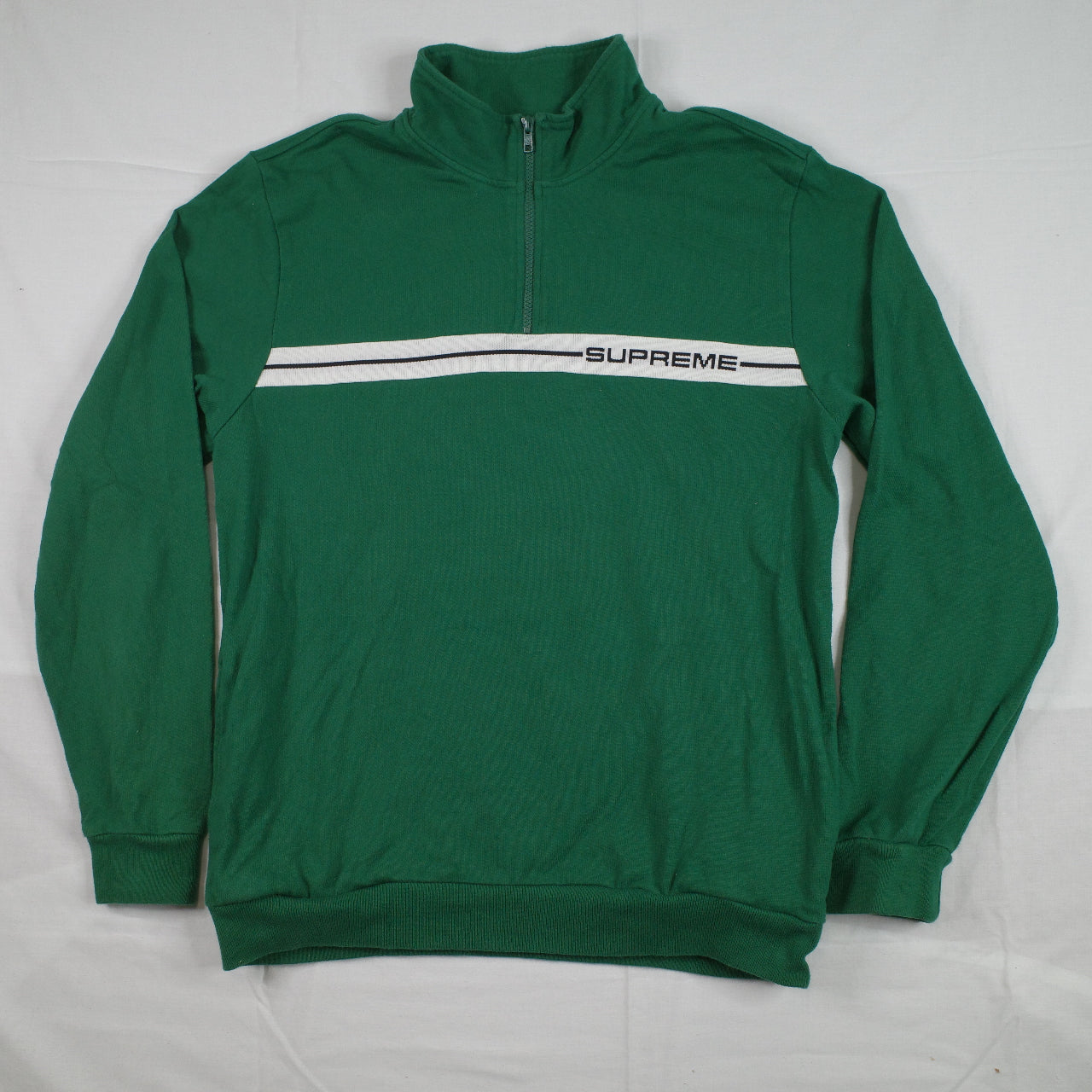 Supreme Logo Tape Stripe Green White 1/4 Zip Sweater Mens Large