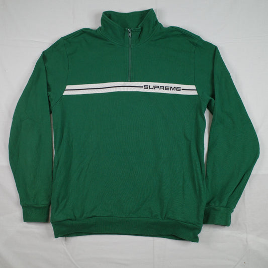 Supreme Logo Tape Stripe Green White 1/4 Zip Sweater Mens Large