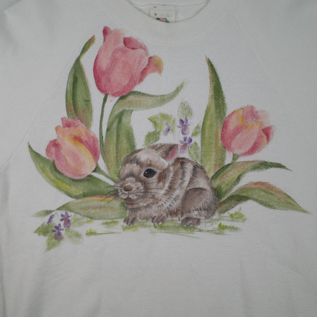 Vintage Cute Bunny Rabbit Graphic Crewneck Sweater White Women's Small