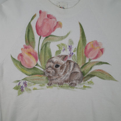 Vintage Cute Bunny Rabbit Graphic Crewneck Sweater White Women's Small