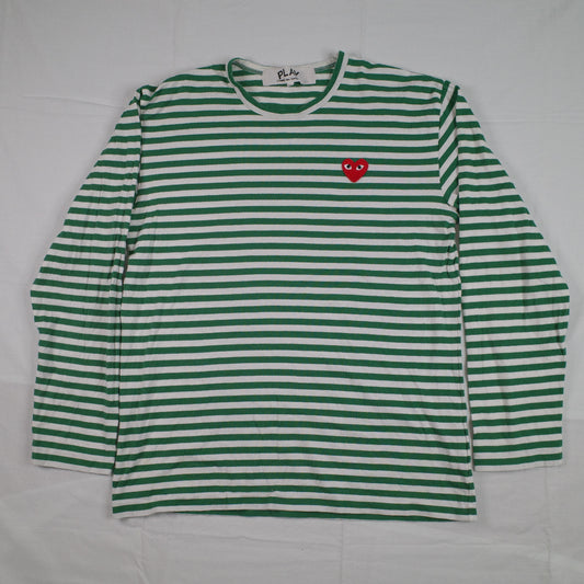 Comme Des Garcons CDG Play Green and White Striped Long Sleeve Crewneck T-shirt XL