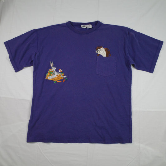 Vintage Acme Clothing Taz Devil Black Embroidered Bugs Tasmania Pocket T Shirt XL