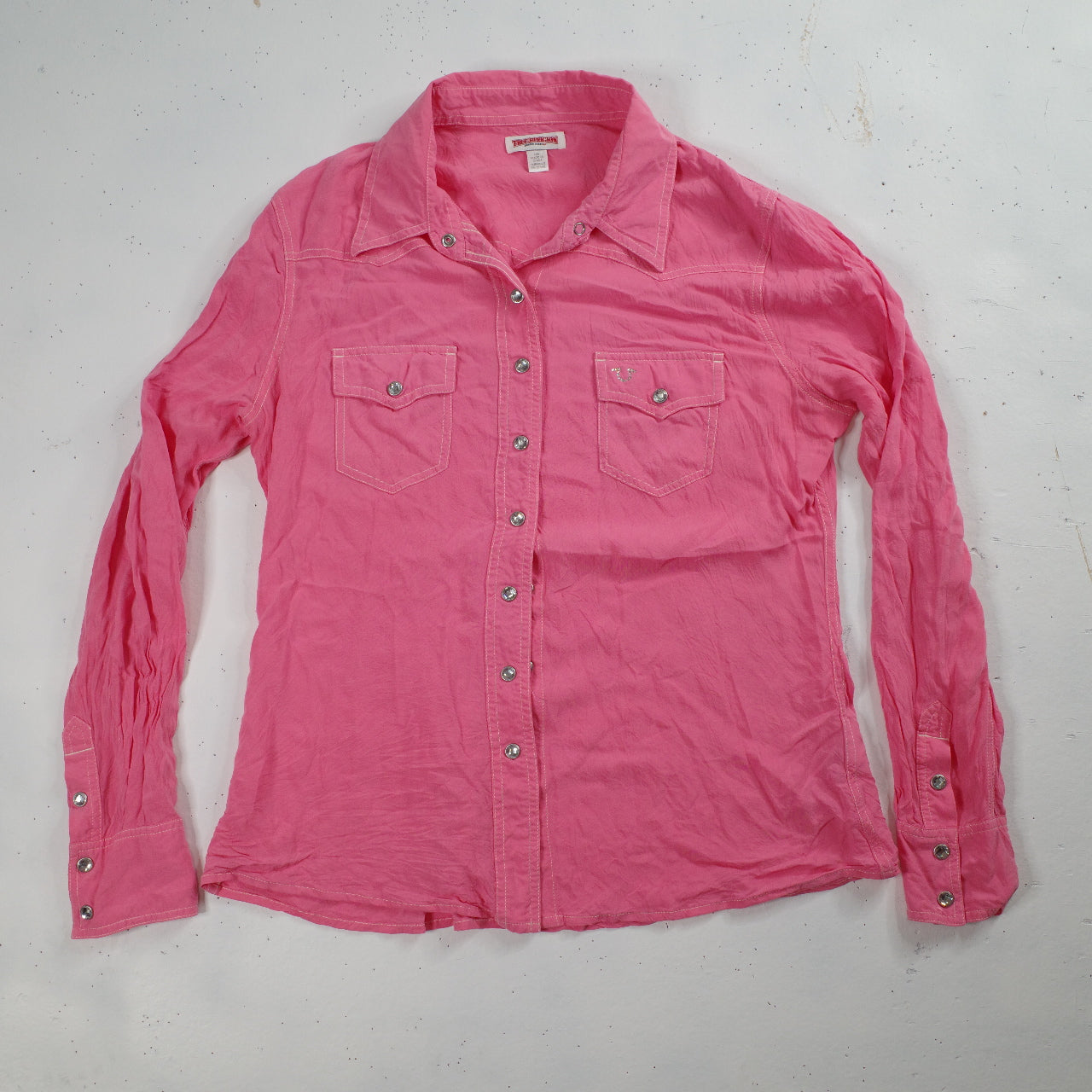 True Religion Womens Western Pink Rhinestone Button Up Long Sleeve Shirt Large
