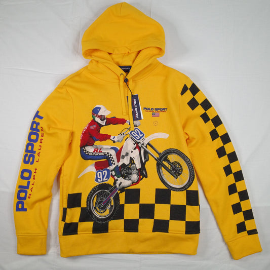 Polo Sport Ralph Lauren Motocross 1992 Yellow Fleece Hooded Sweatshirt Hoodie Mens Small NWT