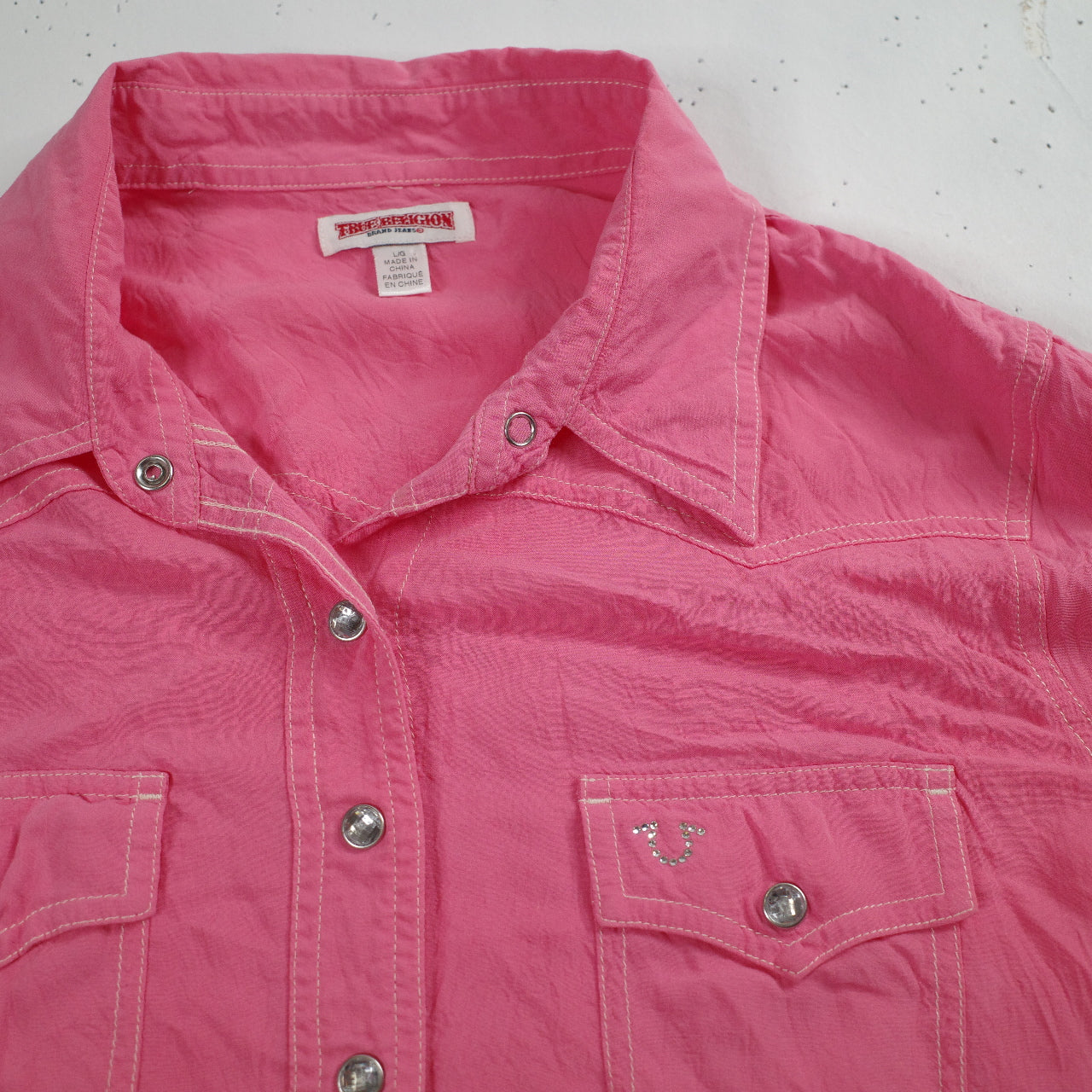 True Religion Womens Western Pink Rhinestone Button Up Long Sleeve Shirt Large