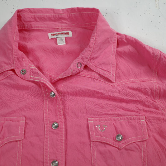 True Religion Womens Western Pink Rhinestone Button Up Long Sleeve Shirt Large